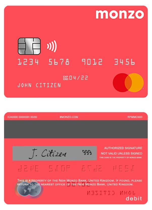 United Kingdom Monzo bank debit mastercard